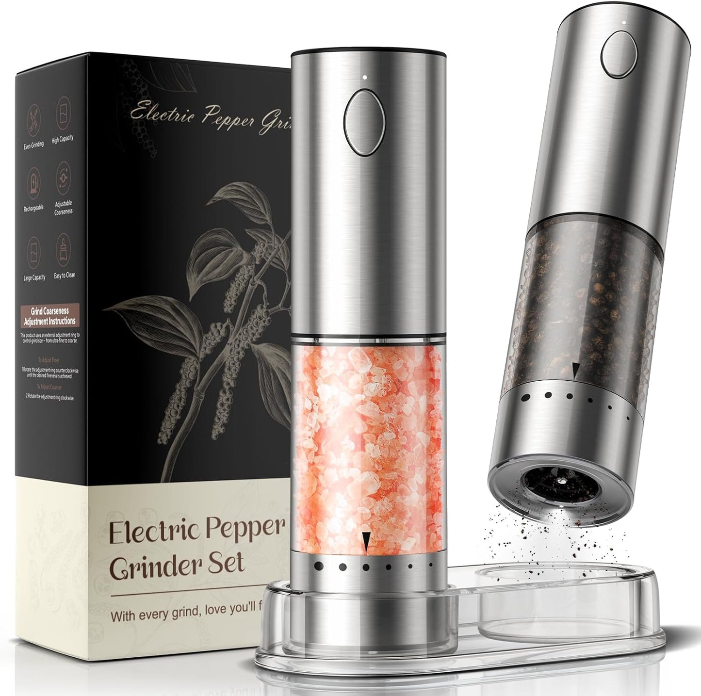 Electric Salt and Pepper Grinder Set \u2013 Rechargeable Automatic Salt and Pepper Shaker with 6 Adjustable Coarseness, Large-Capacity Pepper Mill Kitchen Appliances and Home Essentials Gifts for Women