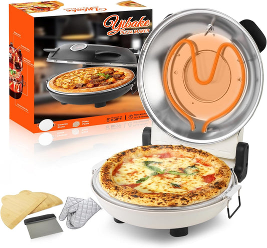 YIBAKE 12" Electric Pizza Oven - Countertop Pizza Maker with Ceramic Stone, Heats up to 800°F, Portable Indoor Pizza Oven for Homemade Pizzas, White