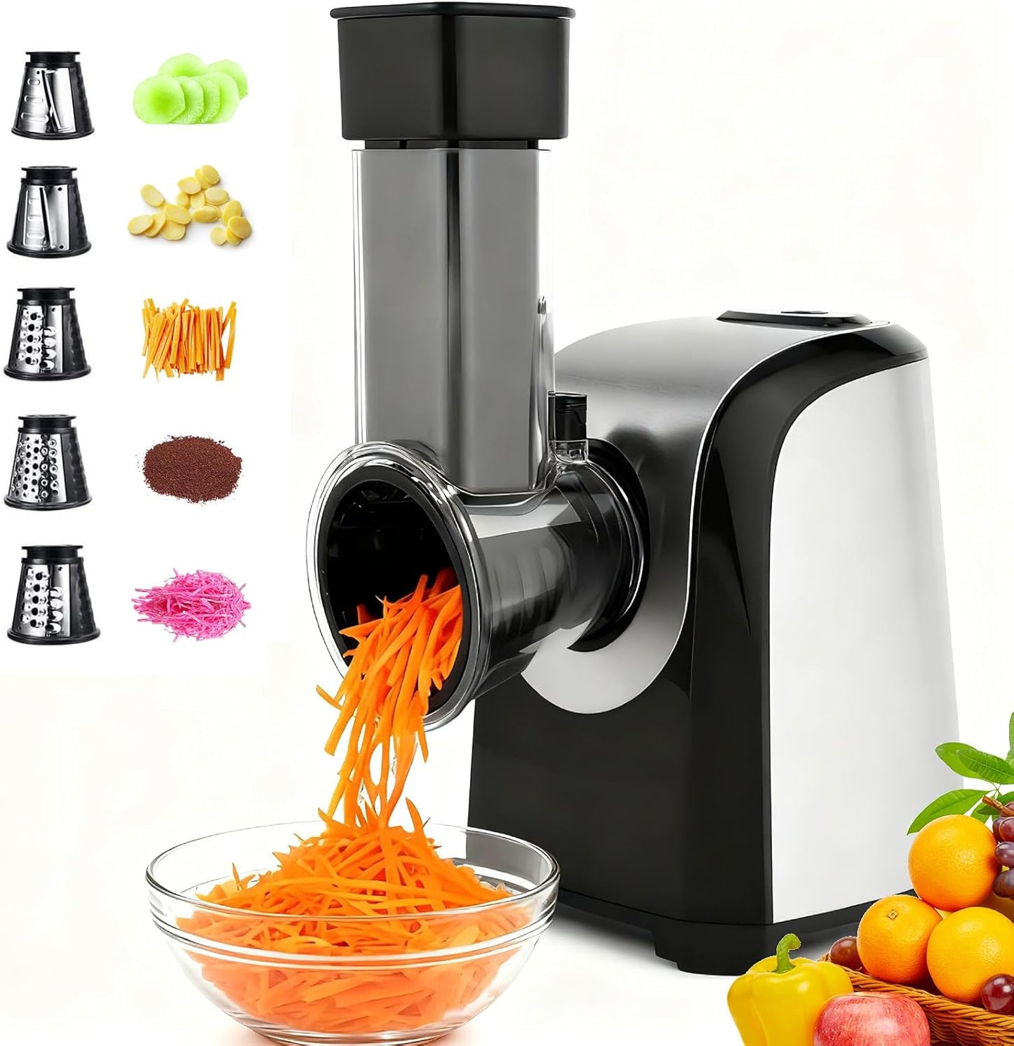 Electric Cheese Grater 150W Salad Maker 5 Different Shapes of Blades for Slicing\/Shredding\/Grinding, Compact Kitchen Electric Slicer Shredder for Block Cheese, Vegetables, Fruit, Carrots