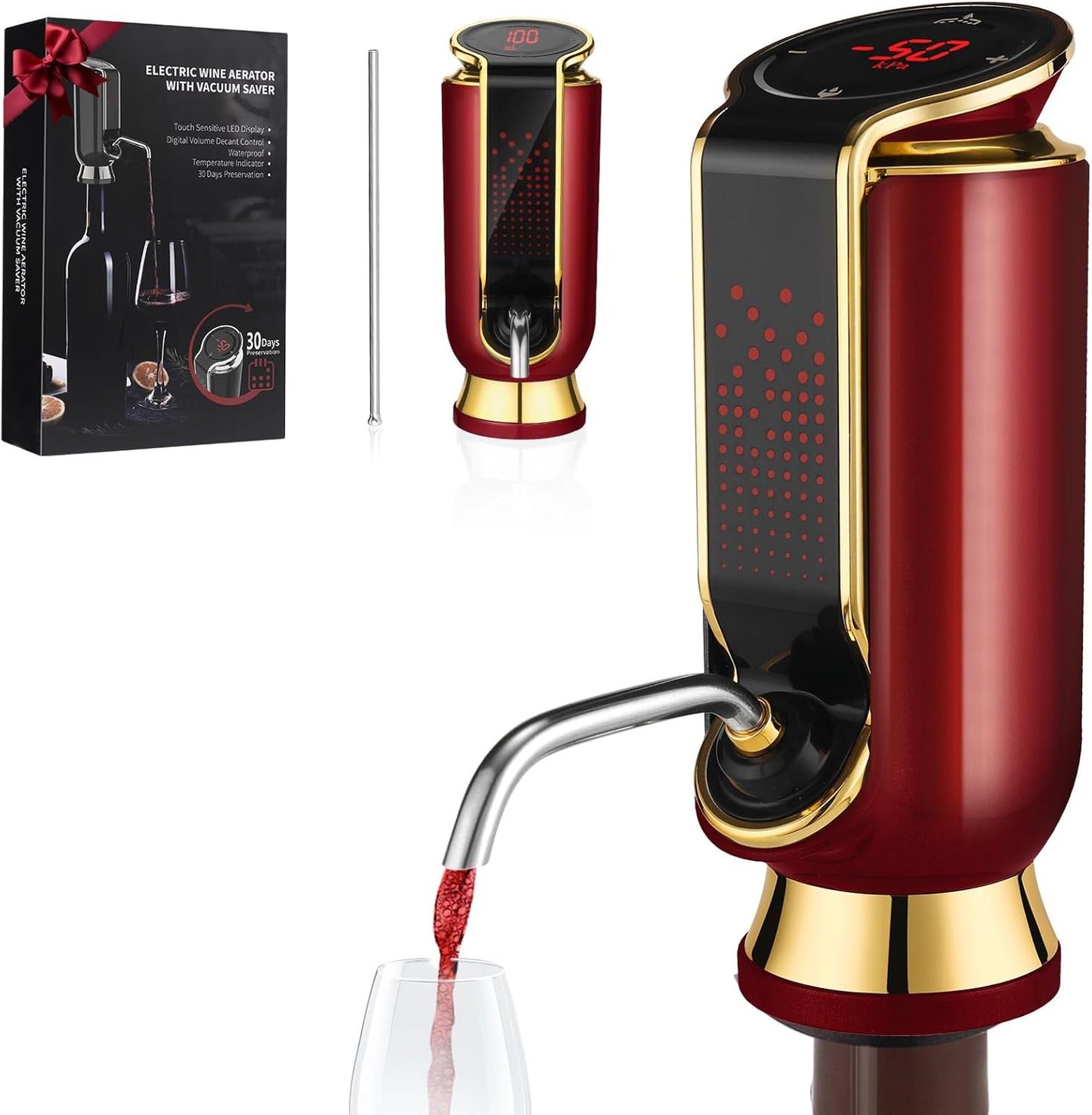 BLUBYEES Luxurious 4-in-1 Electric Wine Aerator, Decanter, Dispenser & Vacuum Saver with LED Display - Wine Pourer Gift for Women and Wine Lovers
