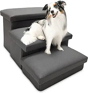 Foldable Dog & Cat Stairs for Couch â€“ 3-Step Soft Microsuede Pet Stairs with Storage, Anti-Slip Bottom, 150lb Capacity â€“ Ideal for Small, Medium & Senior Pets (Cool Grey)