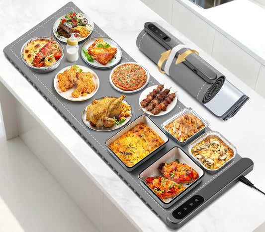 Food Warming Mat Large, XXL (42"x15") Electric Food Warmers Mat with Heat Resistant Pad for Countertop, Heat 6 Level Temperature & 6 Hours Timer, Foldable Heating Trays for Buffets Party, Gray