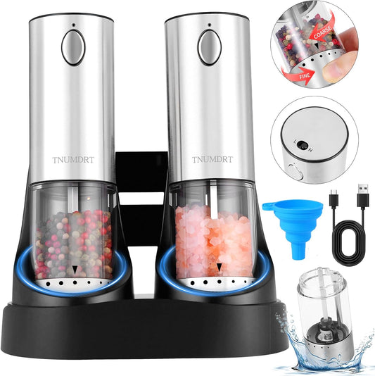 Electric Salt and Pepper Grinder Set Stainless steel,Large Capacity Automatic Pepper Mill Grinder with Upgraded Rechargeable Base and LED Light, Variable Grinding Speed, External Adjustable Coarseness