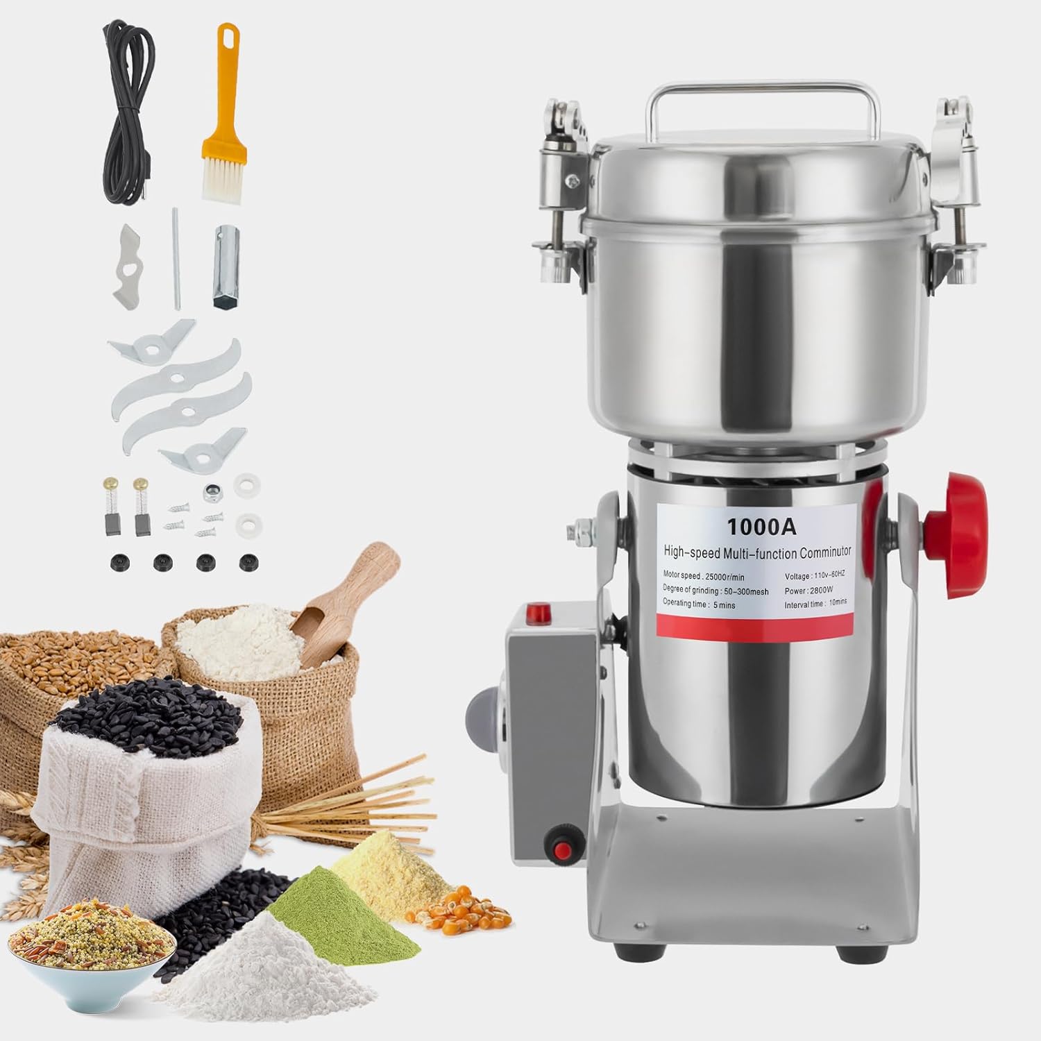 2500g Electric Grain Mill, 4500W Stainless Steel Spice Herb Grinder, 32000 rpm High-Speed Commercial Grinder for Wheat, Corn, Rice (5.51 lbs)