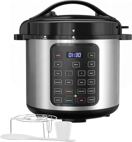Simple Deluxe 16-in-1 Electric Pressure Cooker, 8QT Stainless Steel & Non-Stick Multi Cooker for Slow Cook, Meat Stew, Cake, Porridge, Multigrain, Dishwasher Safe, Silver