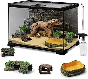 12"x8"x6" Mini Reptile Glass Terrarium Set (7 Pcs) Full View Hermit Crab Tank, Habitat Enclosure with Feeding Slot & Lock for Lizard, Bearded Dragon, Snake, Amphibians & Small Pets