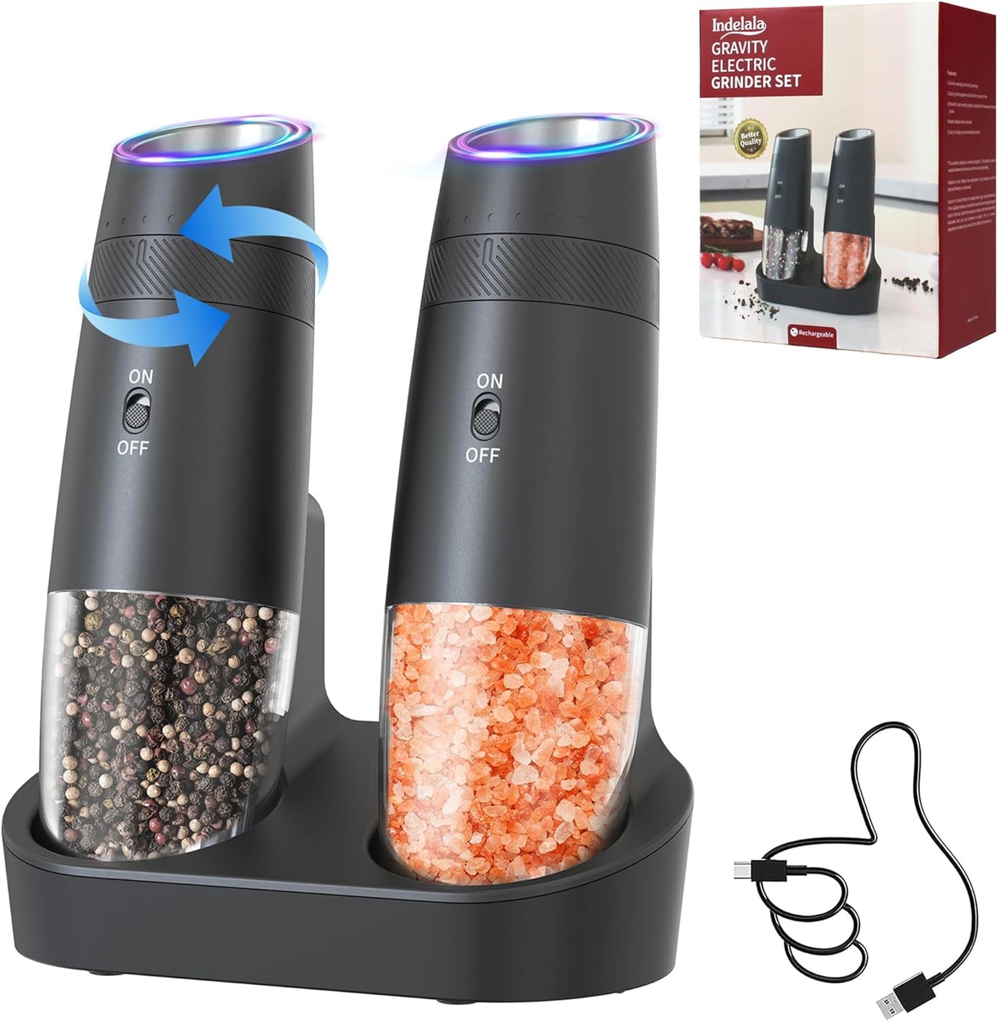 Gravity Electric Pepper and Salt Grinder Refillable Set - Automatic Shakers Pepper Mill, Adjustable Coarseness, with Rechargeable Base & LED Light