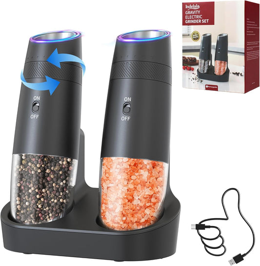 Gravity Electric Pepper and Salt Grinder Refillable Set - Automatic Shakers Pepper Mill, Adjustable Coarseness, with Rechargeable Base & LED Light