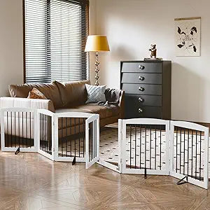 Freestanding Pet Gates with Walk Through Door, Dog Indoor Fence, Dog Gate for The House, Stairs, Extra Wide Pet Gate, Support Feet Included, 120 Inch Wide, 6 Panels 24" Tall, White & Black