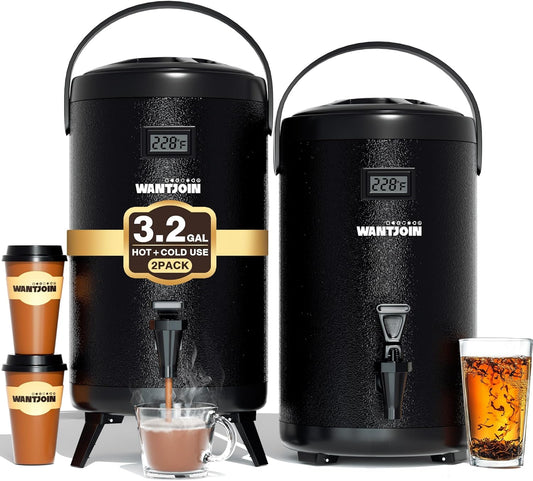 2 Pack Thermal Beverage Dispensers - 2 x 12L\/3.2Gal Black Stainless Steel Containers, LCD Thermometer, Triple-Layer Insulated, Non-Electric Hot & Cold Beverage Dispensers for Parties