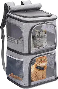 2-in-1 Double Pet Carrier Backpack for Small Cats and Dogs, Portable Pet Travel Carrier, Super Ventilated Design, Ideal for Traveling/Hiking/Camping, Large Size