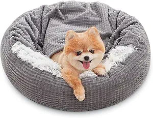 MIXJOY Small Dog Bed Cat Bed with Blanket Attached, Round Hooded Cozy Dog Cave Beds for Small Dogs, Soft Plush Cuddler Puppy Pet Bed, Anti-Slip Bottom, 23inch