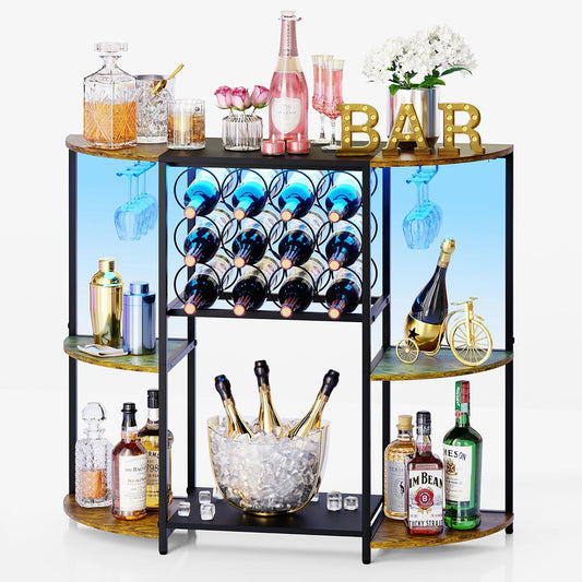 JKsmart Wine Bar Cabinet with LED Lights, Mini Wine Rack with Storage and Glass Holder, Home Bar Cart for Liquor, 3-Tier Bar Table for Kitchen, Dining Room, Living Room, Rustic Brown