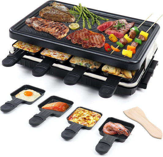 Electric Raclette Grill & Korean BBQ - 8 Non-Stick Cheese Trays, 1300W with Temperature Control, Dishwasher-Safe Indoor Grill for Family Gatherings & Interactive Dinner Parties