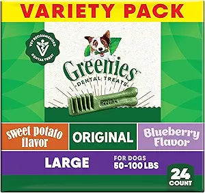 Greenies Dog Treats, Veterinarian-Recommended Natural Dental Dog Treats, Large Size, Variety Pack Flavor, (3) 12 oz. Packs, 24 Count