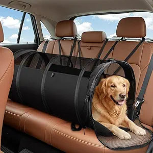 Abbylike Dog Crate for Car, Pet Travel Tube Car Crate Large Kennel, Pet Containment Barrier Mesh Tube with Seat Belt Storage Bag, 47" x 24" Soft Cage for Large Medium Dogs Long Travel Trips