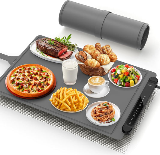 Food Warming Mat Electric Tray: Adjustable Silicone Heating Pad with 3 Temperature Settings 4 Timer Function Portable Roll Up Hot Plate for Buffets Party Gatherings Kitchen Countertop Black Gray