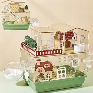 12 in 1 Clear Acrylic Hamster Cage with All Accessories,13.5''L* 10''W* 15''H Dwarf Hamster Cage,Magnetic Connection Small Hamster Enclosure,Garden Style Wooden Mouse Cage for Pet Mice(2-Layer,Green)