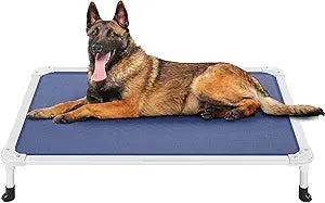 Veehoo Chew Proof Elevated Dog Bed - Cooling Raised Pet Cot - Silver Aluminum Frame and Durable Textilene Mesh Fabric, Unique Designed No-Slip Feet for Indoor or Outdoor Use, Blue, Large, CWC2003