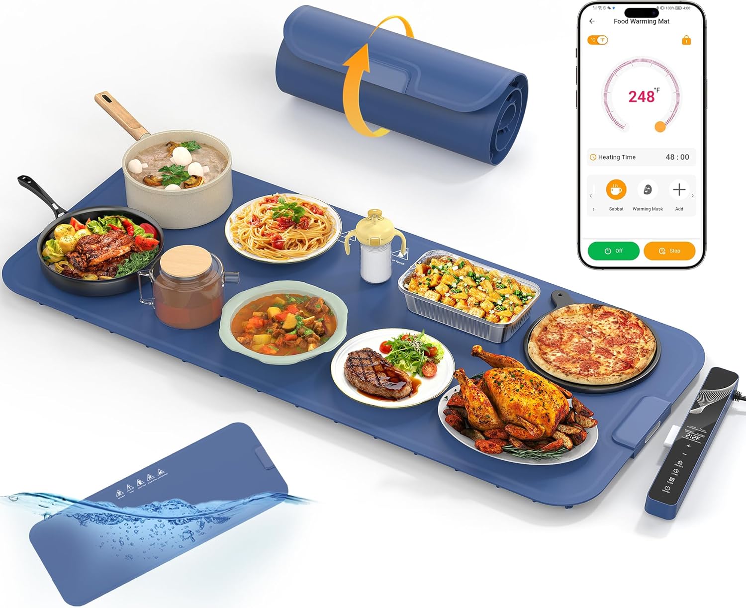 Food Warming Mat Extra Large 37"x15" with APP Control, Electric Warming Tray Adjustable Temp 99 Hour Timer Dishwasher Safe, Warming Mat for Food, Roll Up Portable Food Warmers for Parties Buffet