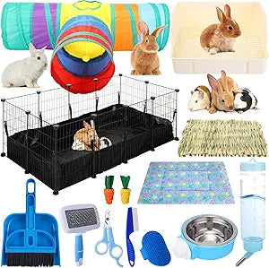 104 Pcs Rabbit Starter Kit Litter Box Bunny Tunnel Pet Playpen with Waterproof Mat Water Bottle Animal Grooming Kit Bowl Blankets with Cleaning Set for Guinea Pig Rabbit Accessories