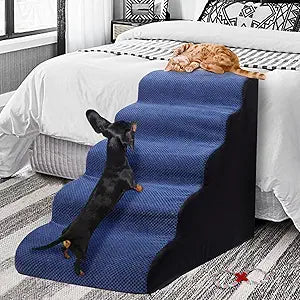Dog Stairs&Steps for High Beds Up to 28'', 5-Step Dog Ramp for Small Medium Dogs with Washable Cover, Pet Steps for Cats to Get on Couch and Sofa, Durable Foam Ladders, 24.4" Tall, Blue