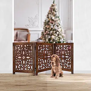 Lightnpro Wooden Pet Gate - Decorative Carved Foldable Dog Gate, Extra-Wide Freestanding Indoor Safety Fence for Dogs & Cats, Perfect for Stairs, Hallways & Home DÃ©cor - 24x18 Inch Natural Burnt
