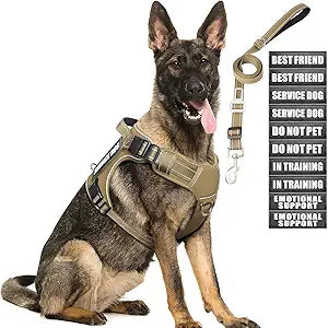 Tactical Dog Harness and Leash Set for Large Dogs,Heavy Duty No Pull Service Dog Vest and 10 Patches with Dog Seat Belt,Reflective Adjustable Pet Harness for Training Walking Hiking Brown L
