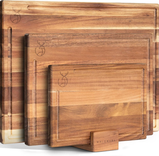 WALDWERK Cutting Board Set (15.75 x 12\/13 x 9.5\/10 x 7 in) out of Solid Acacia Wood - 0,8 in Thick Cutting Boards for Kitchen - Wood Cutting Boards - Wooden Chopping Boards for Kitchen