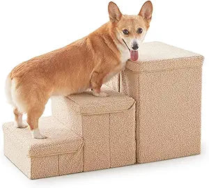 Dog Stairs with Storage, 3-Step Sturdy Dog Steps for Small Medium or Large Older Dogs Cats, Folding Pet Stairs Climbing Sofas, high beds, Windows and Cars (Beige, No Condo,16.7" H)