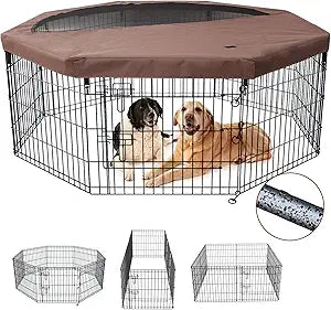 NEZUC Foldable Metal Dog Exercise Playpen Gate Fence Dog Crate 8 Panels 24 Inch Height Puppy Kennels with Top Cover/Bottom Pad for Animals Outdoor Indoor (Playpen+Top Cover, Brown, 36" H)