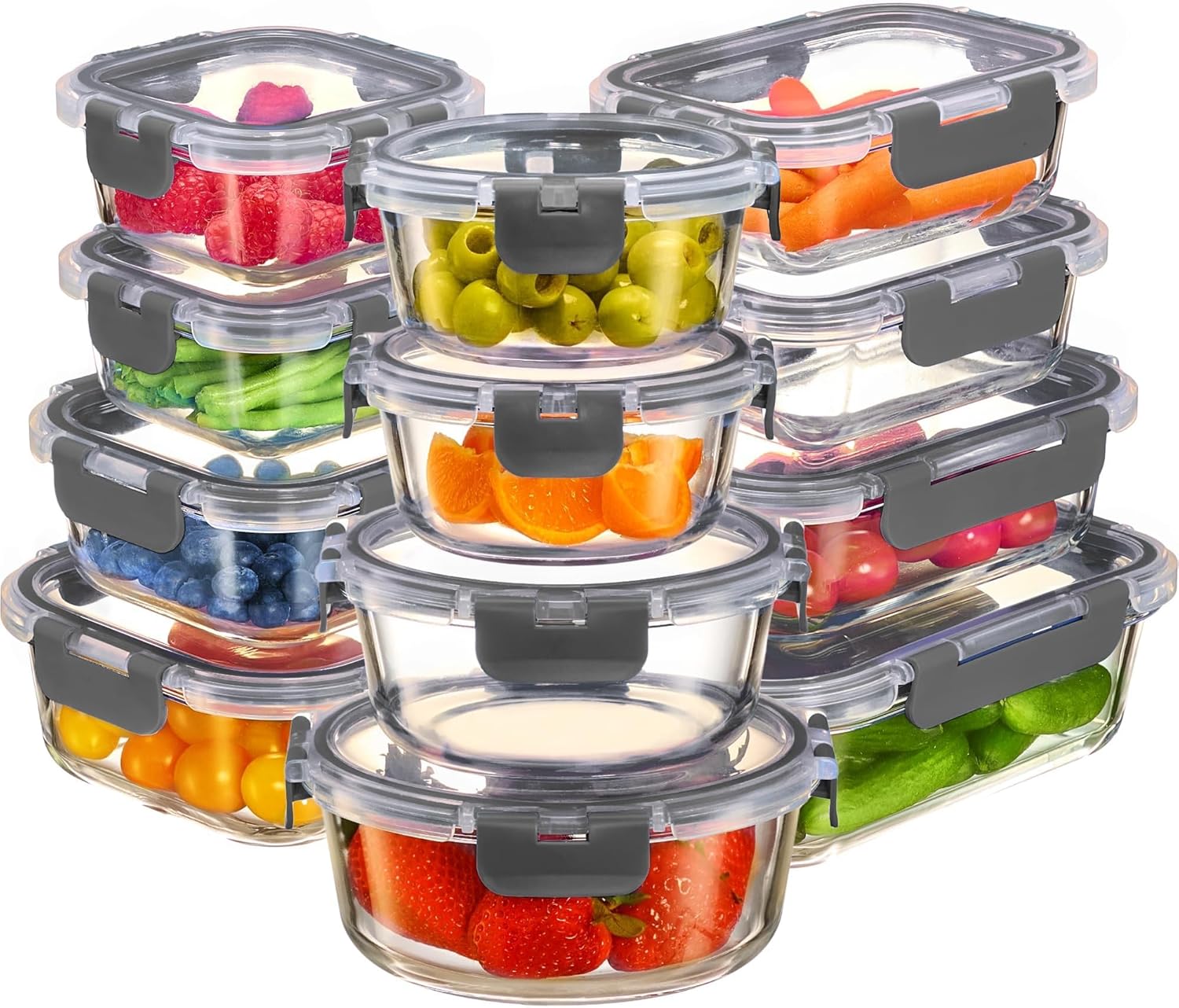 FineDine 24 Piece Premium Borosilicate Glass Meal Prep Containers Glass - Airtight Food Storage Containers with Lids, Hinged Locking Lid, BPA Free, For Meal Prep\/Freezer\/Oven