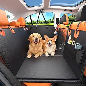 2-In-1 Heavy-Duty Hard Bottom Dog Hammock for Car, 100% Waterproof PU Leather Backseat Cover, Zipper Side Flaps, Non-Slip Extender for Large/Elderly Dogs & Multi-Dog Families,Fits Sedan/SUV/Med.Truck