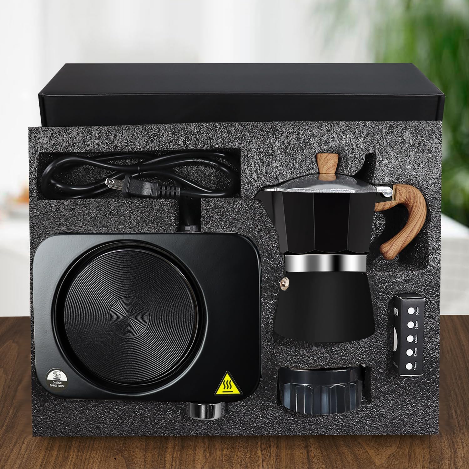 DITOSH 4-in-1 Moka Pot Espresso Set with Electric Stove 3 Cup Aluminum Stovetop Coffee Maker Percolator Italian Classic Mocha Coffee Machine with Powder Dispenser Filter Paper Portable Camping Black