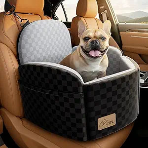 Dog Car Seat for Small/Medium Dogs Up to 35 lbs, Elevated Memory Foam Dog Booster Seat with 2 Safety Belts, Travel Safety Pet Car Seat with Detachable Washable Cover and Storage Pockets (Black/Grey)