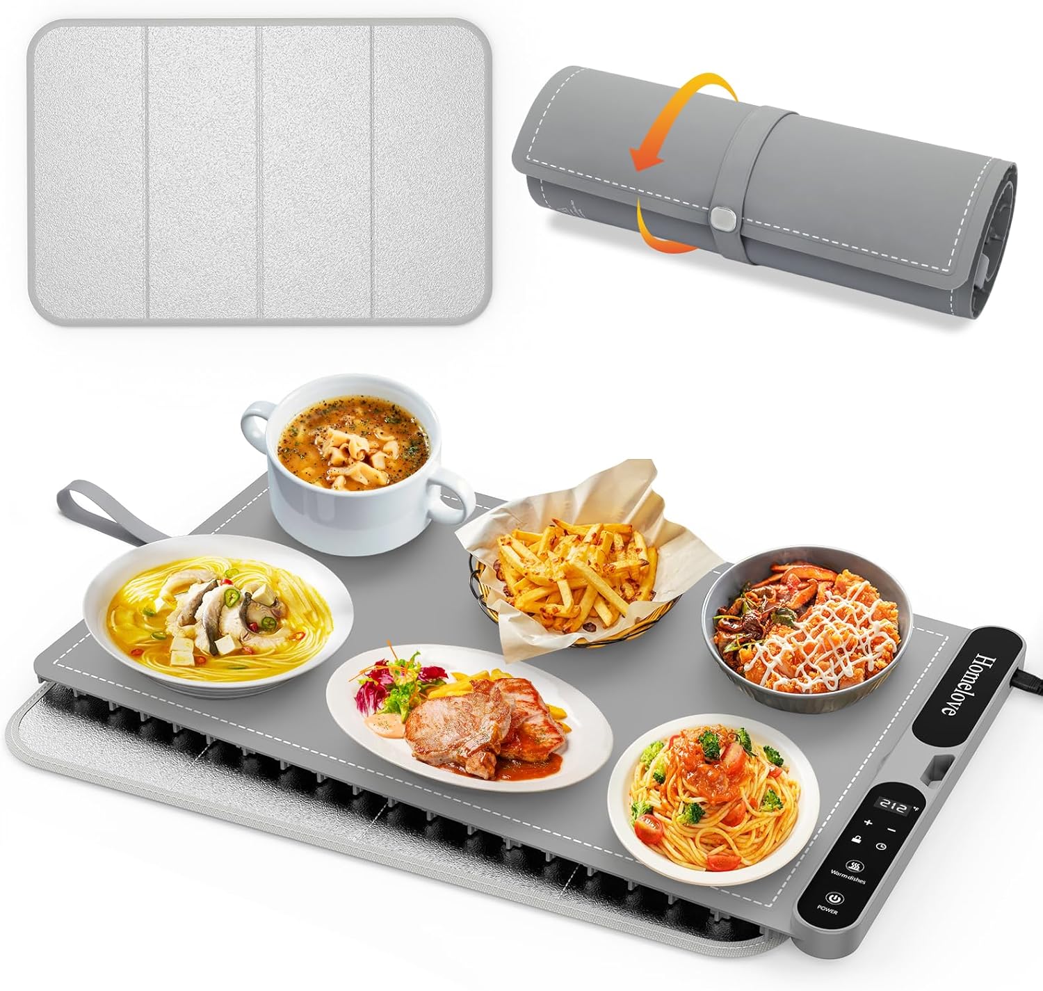 Homelove Warming Mat for Food - Fast Full Surface Electric Warming Tray with 7 Temp-Settings & 8H Timer, Portable Roll Up Food Warmer with Heat Insulation Pad for Gatherings Parties Buffet XL-Grey