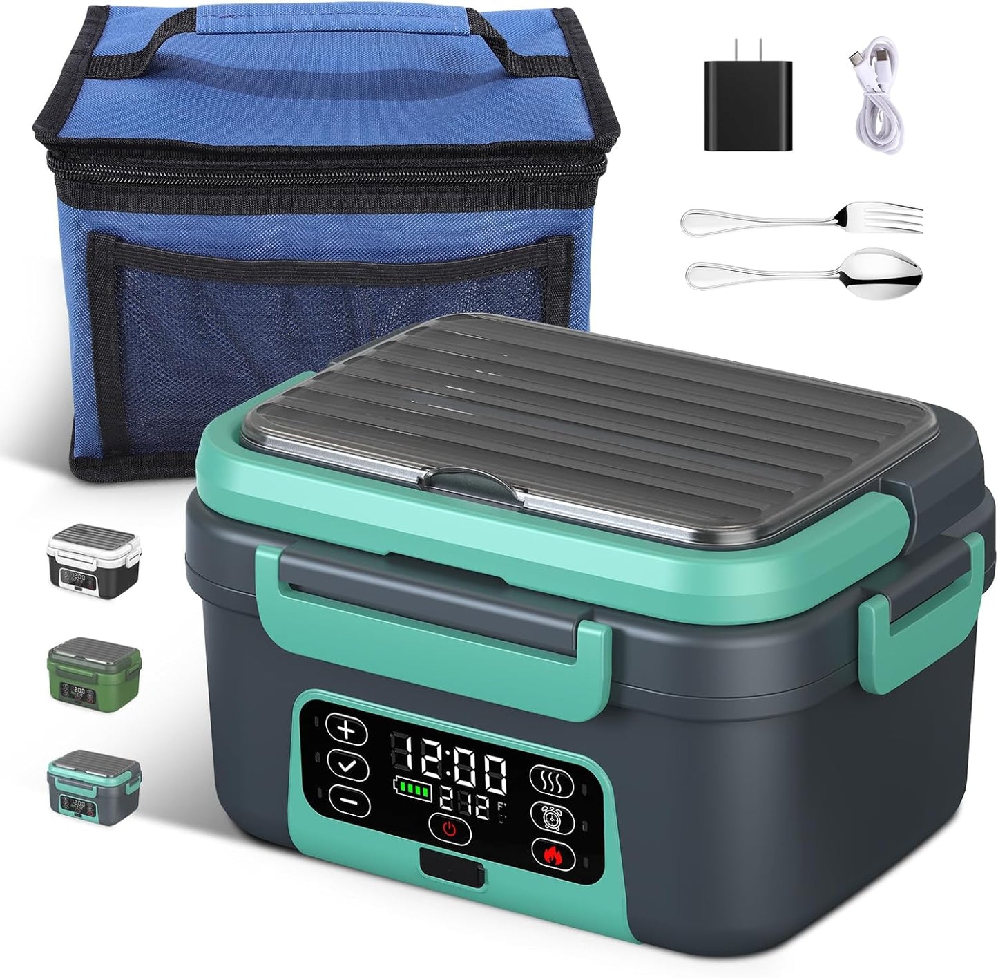 Cordless Electric Heated Lunch Box, 1.5L - 6.3 Cups 20000 mAh 100W Rechargeable Smart Self-Heating Food Warmer with Removable Divider, Spoon, Fork, BPA Free, Portable Lunchbox for Car Travel Office