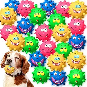 24 Pcs 2.95'' Expression Squeaky Dog Toys Latex Soft Interactive Squeaky Ball for Large Medium Small Dogs Pets Chewing Teething Fetching Playing Training, 4 Styles