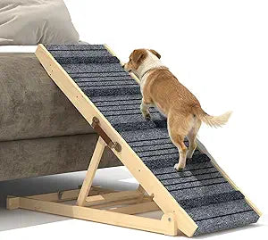 Dog Ramp for Bed with 7 Adjustable Heights, Folding Dog Car Ramp for Small, Large & Old Dogs with Non-Slip Surface & Strip, Wooden Pet Ramp for SUV, Car & Truck, Supports up to 150lbs