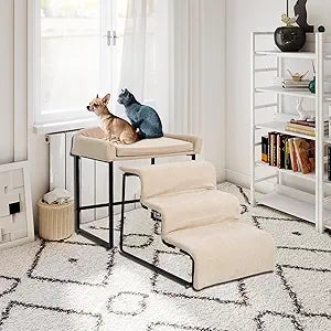 Dog Window Perch with Stairs for Dogs to get on Bed 3-Step Pet Ramp for High Beds Non-Slip Washable Cover The Sturdy Iron Frame with Ideal for Small Dogs Cats Senior Pets with Joint Issues