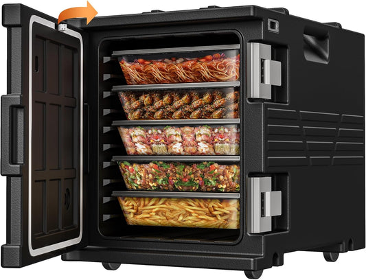 CAMMOO Black 82QT Non-Electric Hot Box Food Warmer with Wheels, 304 Stainless Steel Latch, Insulated Food Carrier for 5 Full-Size Pans(NOT Included), Food Warmer Box Hot Boxes for Catering