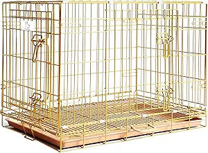 HOMEY PET Copper Gold Dog Crate 30 Inch, Portable Folding Metal Wire Dog Kennel Pet Dog Cage with Removable Floor Grid, Pull Out Pan, Double Doors, Handle for Medium-Small Breed Dogs Indoor Travel
