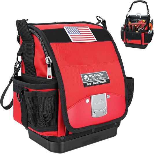 MELOTOUGH Electrician Tool Bag,44-Pockets Pro Pack Tool Bag,Pro Pac,Small Sturdy Base Heavy Duty Tool Pouch with Hard Bottom for Electrician Carpenter/Technican,Red