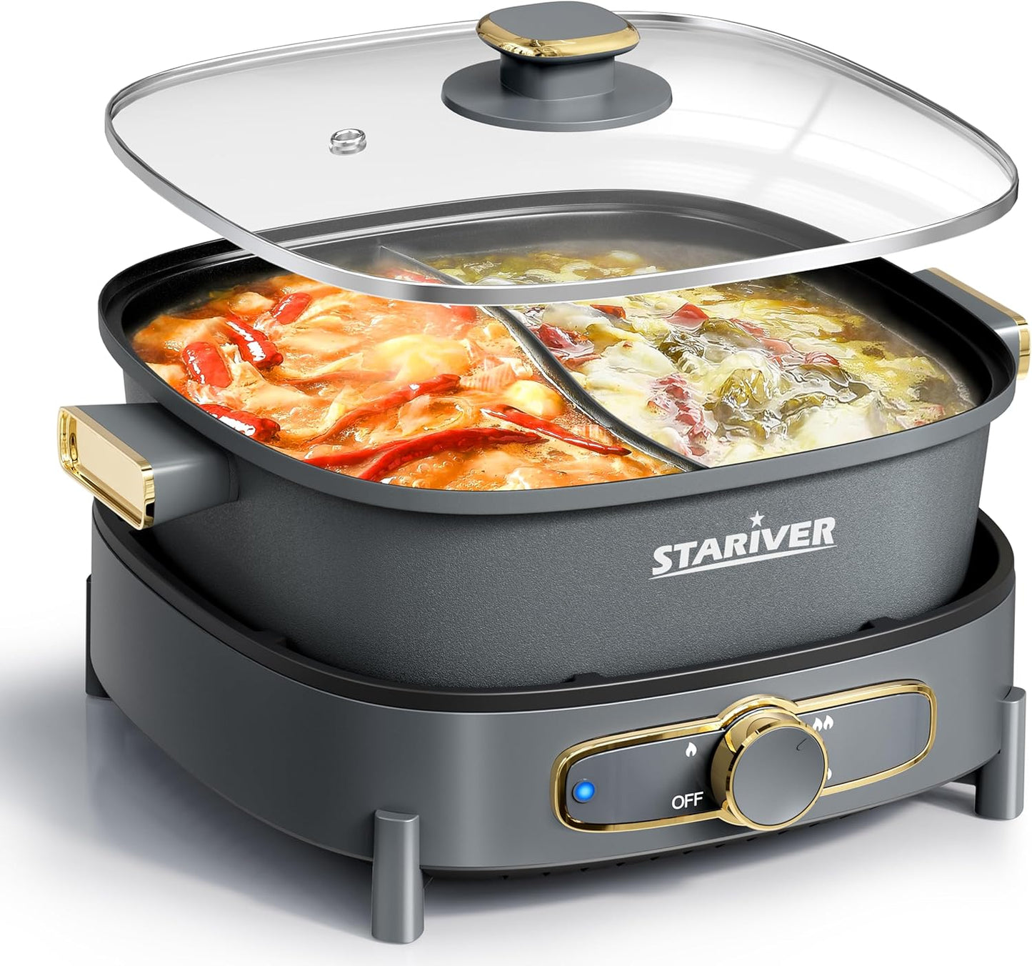 Stariver Hot Pot Electric with Divider, Large 6L Nonstick Double-Flavor Electric Shabu Shabu Pot, 1500W Hotpot with 3 Power Settings, Perfect for Family Dinners & Parties