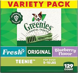 Greenies Dog Treats Veterinarian-Recommended Natural Dental Treats for Dogs, Teenie Size, Variety Pack Flavor, (3) 12 oz. Packs, 129 Count