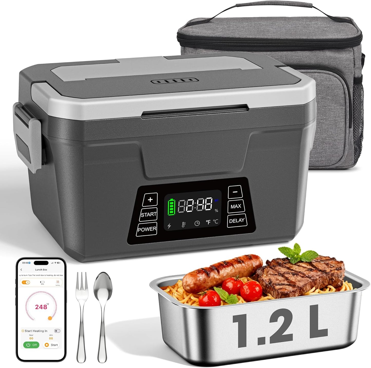 Herrfilk Cordless Electric Lunch Box for Adults with APP Control, 1.2L Portable Heated Lunch Box Battery Powered with Automatic Heating, Self-Heating Food Warmer for Work, 248°F Max, Leak Resistant