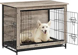 Feandrea 32.5" Dog Crate Furniture, Indoor Dog Cage Side End Table, L Pet Wood Kennel for Large and Medium Dogs up to 45 lb with Multi-Purpose Removable Tray, Double-Door Pet House, Greige