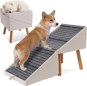 17.13" H Dog Stairs for Small Dogs, 2-in-1 Pet Steps & Ottoman - Foldable Dog Stairs for Couch, Non-Slip Wooden Pet Stairs for Puppy Senior Injured Dogs (Light Beige)