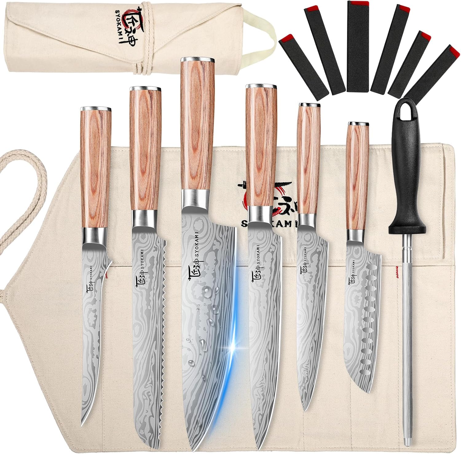 SYOKAMI 14pcs Chef Knife Set with Roll Bag, Professional Stainless Steel Japanese Knife Set with Pakkawood Handle for Professional Chef, Camping, Travel, BBQ, RV or Gift Beige