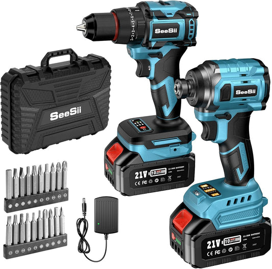 SEESII 21V Max Cordless Drill and Impact Driver, Power Tool Combo Kit Included 3/8'' Drill & 1/4'' Impact Driver, 2x 4000mAh Battery, Fast Charger, 20 pcs Driver Bit Set & Bag
